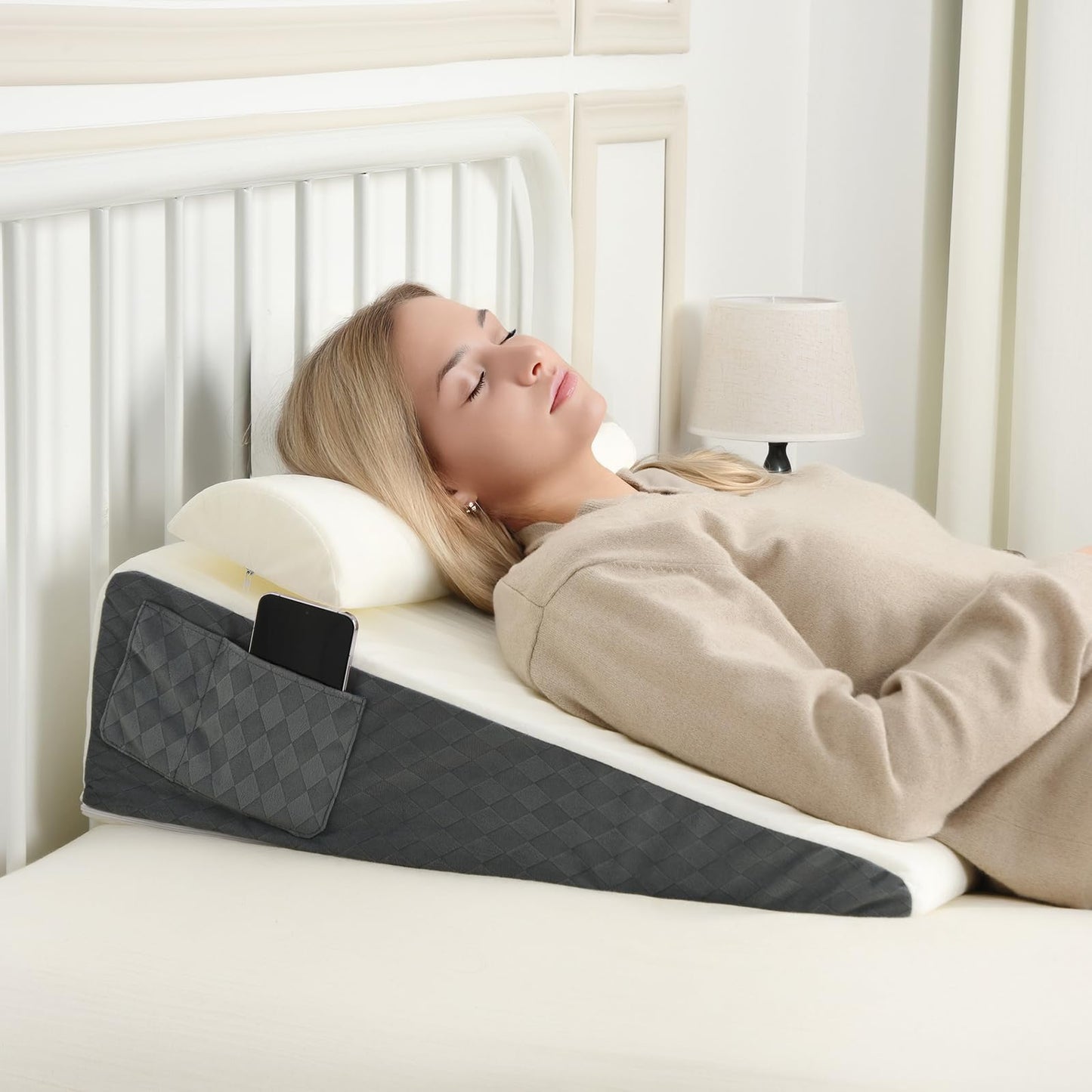 Memeluckon Bed Wedge Pillow for Sleep Apnea, 22''x22''x7'' Triangle Wedge Pillow with Neck Pillow for Sleeping