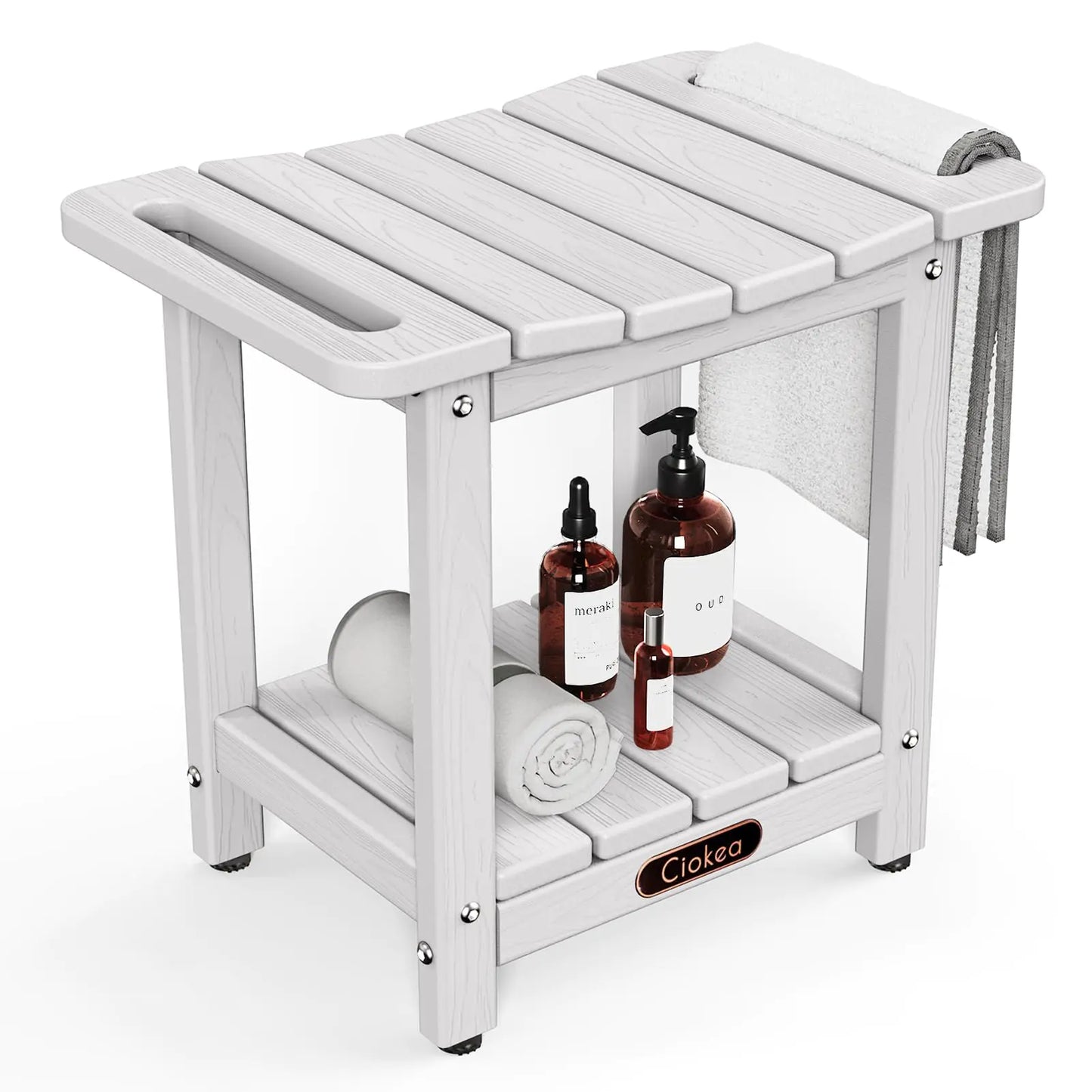 Shower Bench with Towel Handles & Storage Shelf | Waterproof HDPE Bath Stool