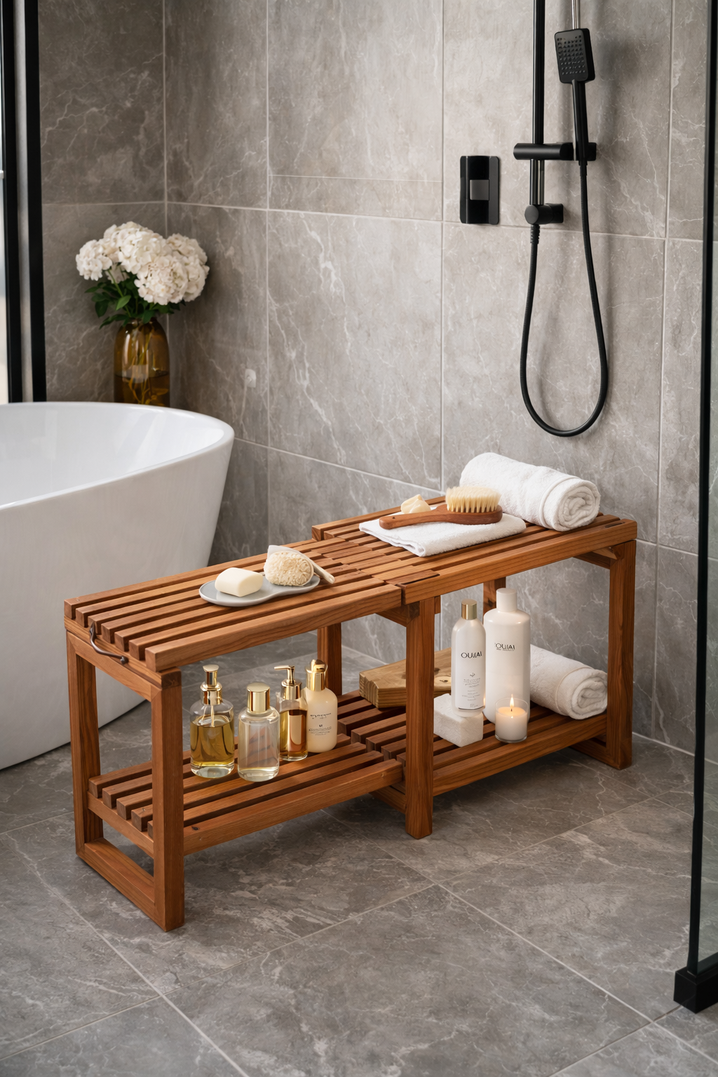 Adjustable-Length Acacia Shower Bench with Storage Shelf | Waterproof Bath Stool