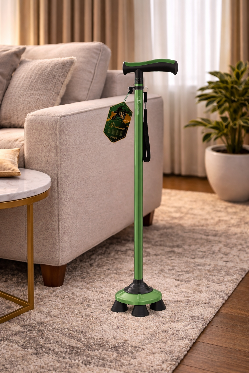 BeneCane Folding Quad Cane | Freestanding Adjustable Walking Cane (Green)