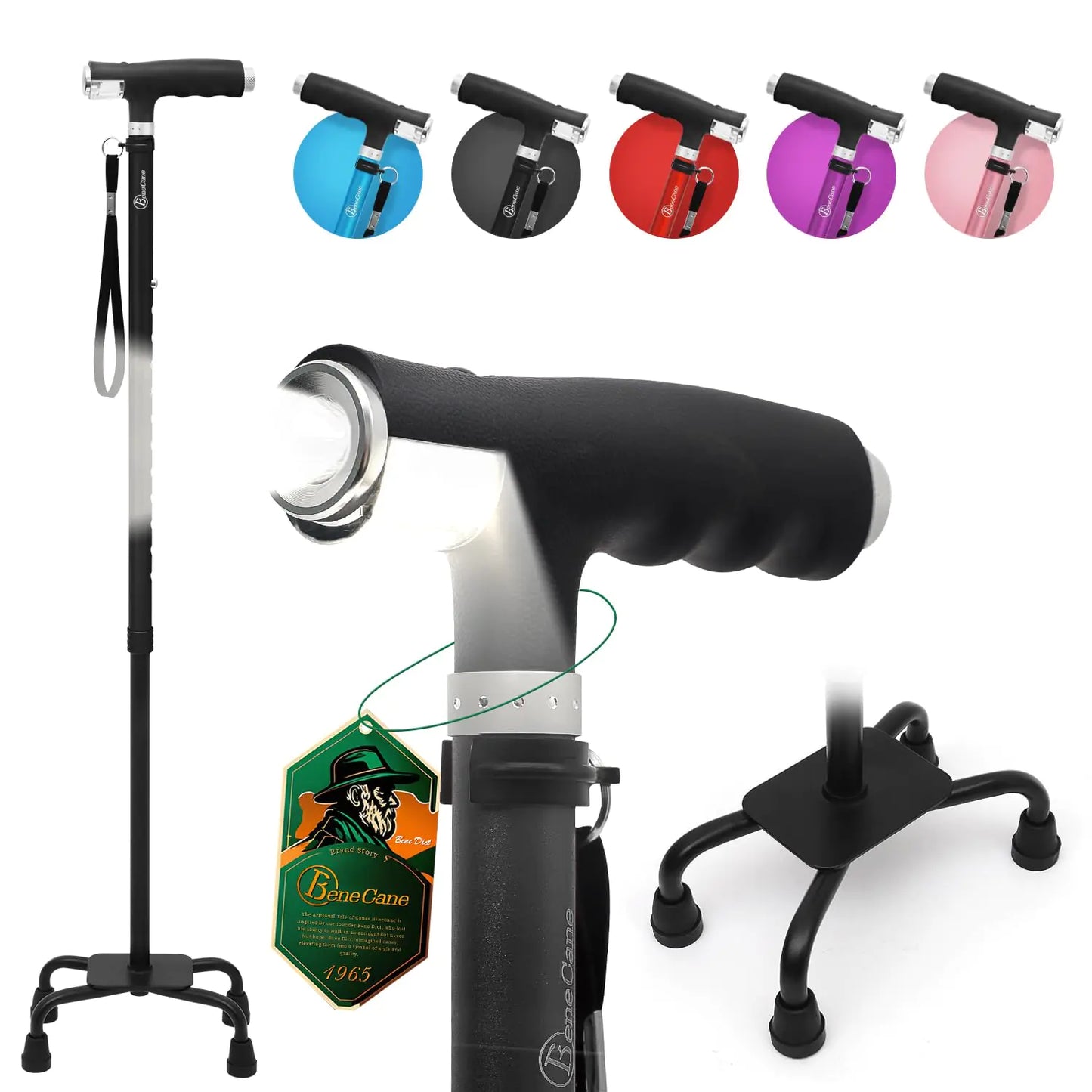 BeneCane Quad Cane | Freestanding Quad-Base Walking Cane with Dual LED Lights (Black)