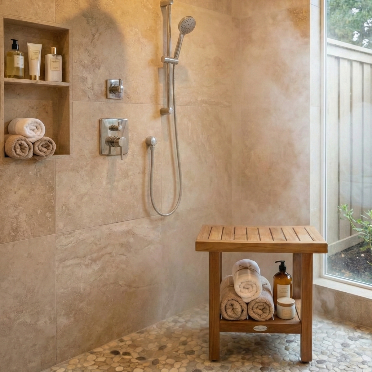 AquaTeak The Original 18” Spa Teak Shower Bench with Shelf – alternate view 2