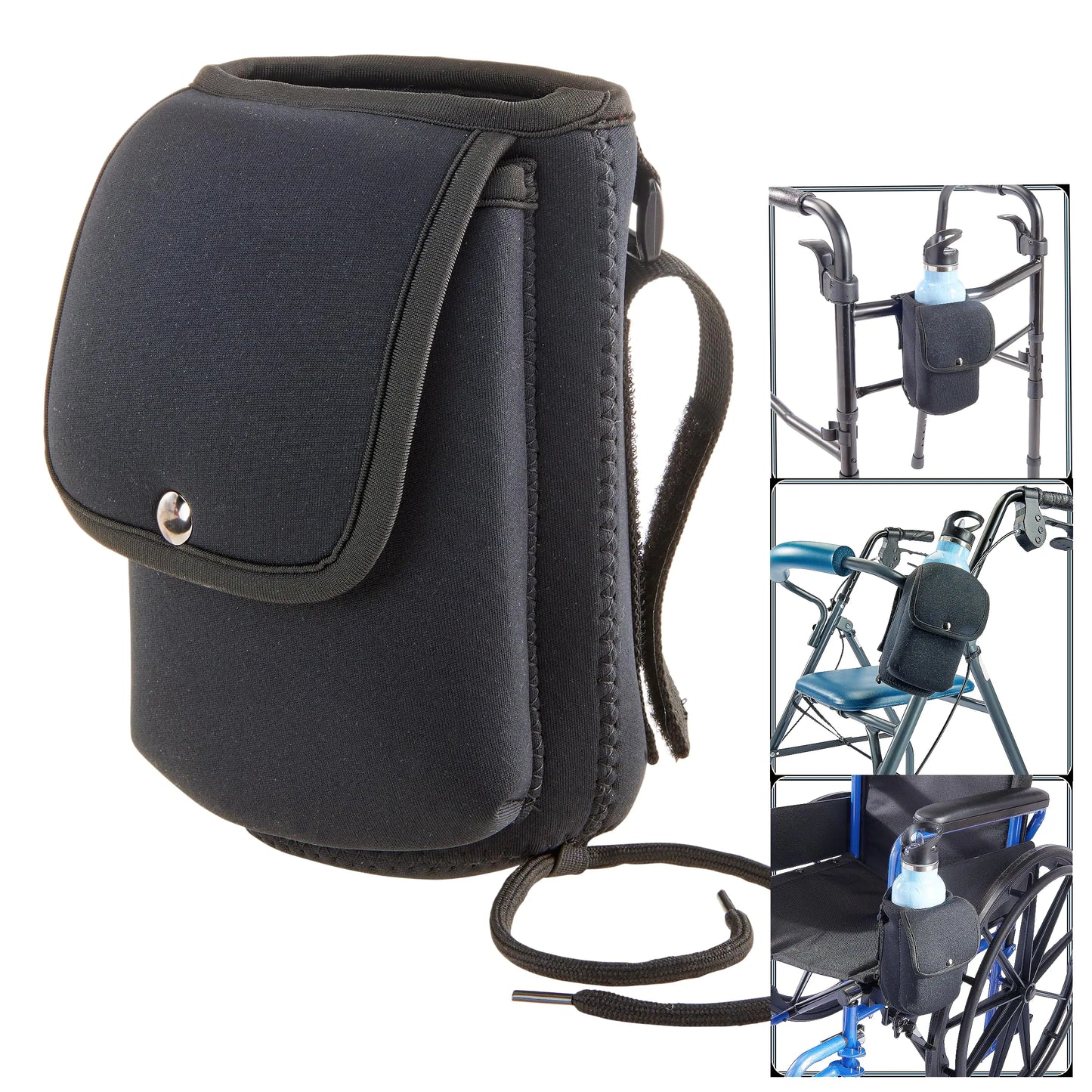 Neoprene Bottle Holder with Phone Pouch | Attachable Cup Holder for Mobility Devices