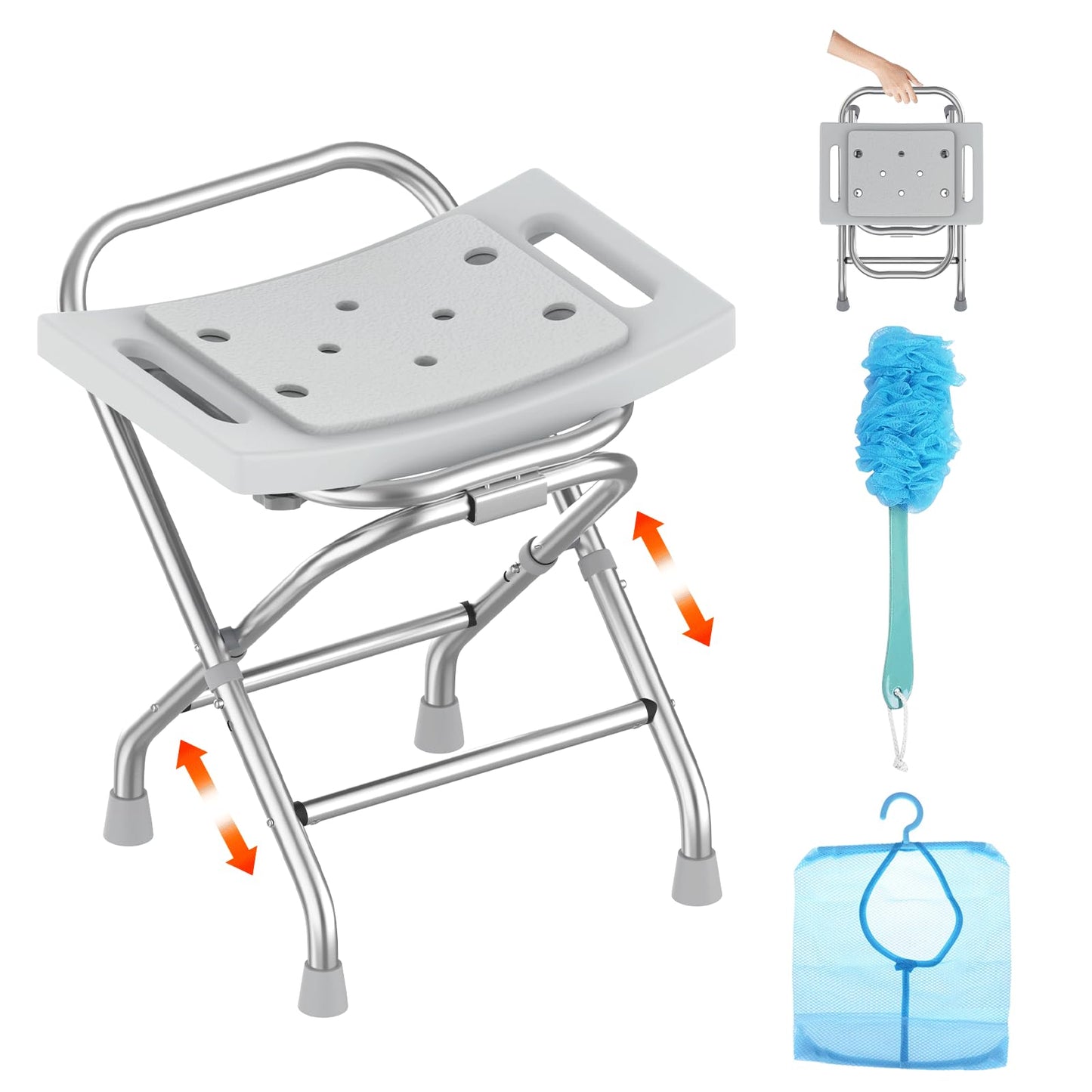 Height-Adjustable Folding Shower Chair with Padded Seat and Reinforced Crossbar – 400 lb Capacity, Gray