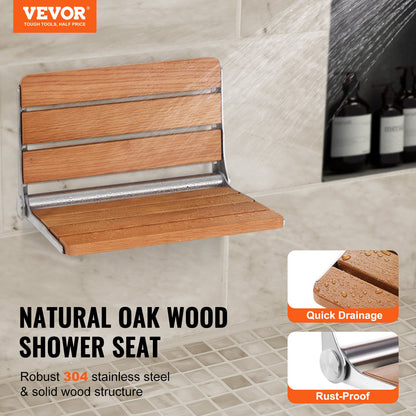 Fold-Down Oak Shower Seat | Wall-Mounted Shower Chair (440 lb Capacity)