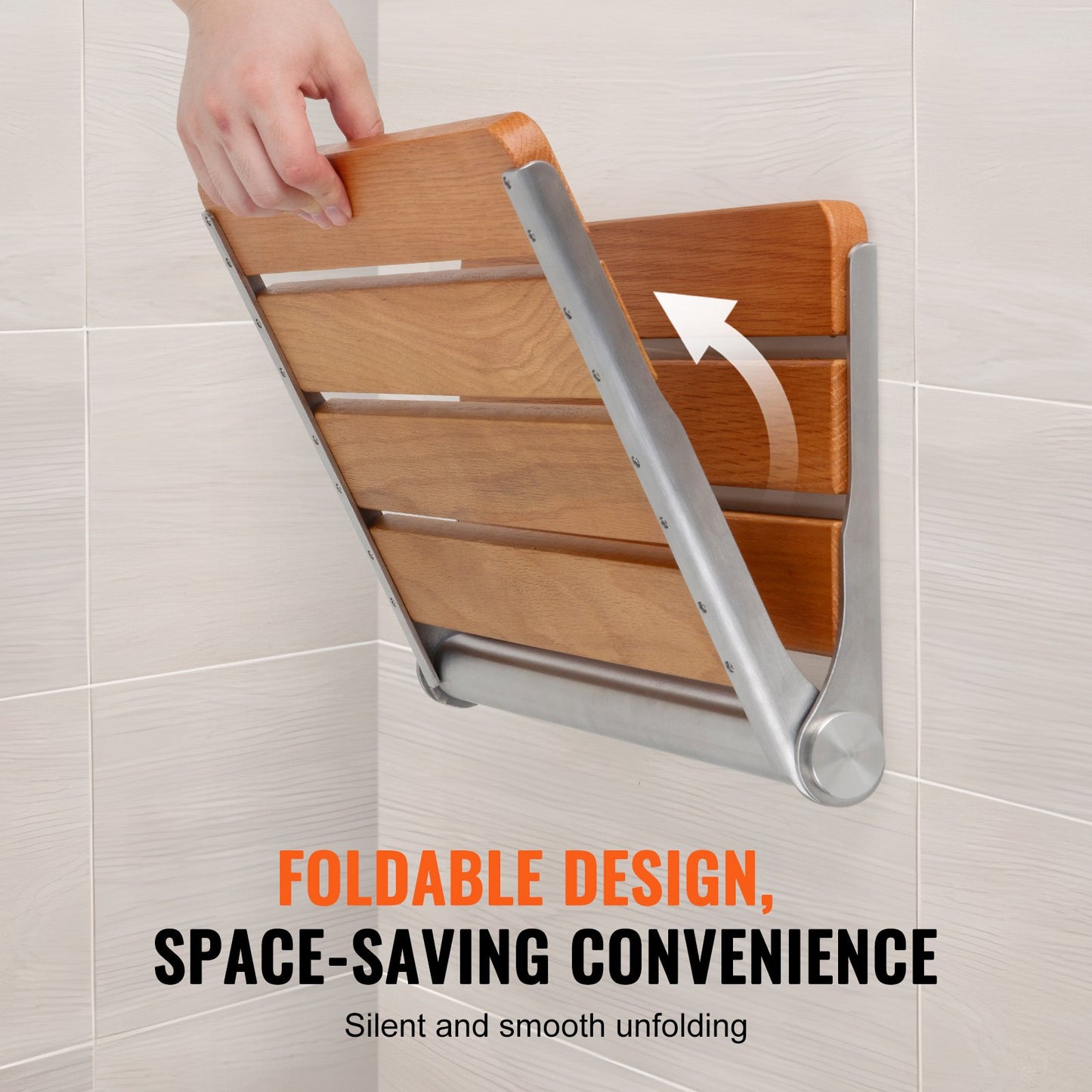 Fold-Down Oak Shower Seat | Wall-Mounted Shower Chair (440 lb Capacity)