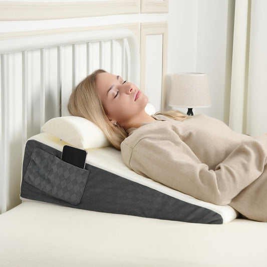 Memeluckon Bed Wedge Pillow for Sleep Apnea, 22''x22''x7'' Triangle Wedge Pillow with Neck Pillow for Sleeping