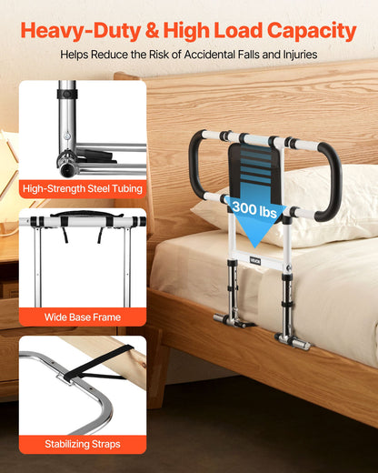 Adjustable Bedside Support Rail | Foldable Bed Assist Bar with Padded Handle | Fits King, Queen, Full, Twin