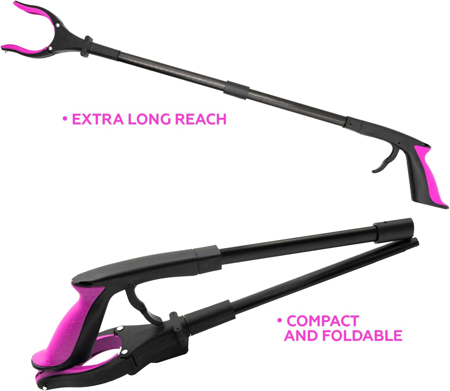 2-Pack Foldable Reacher Grabber Tool with Magnet & LED Light | Pink