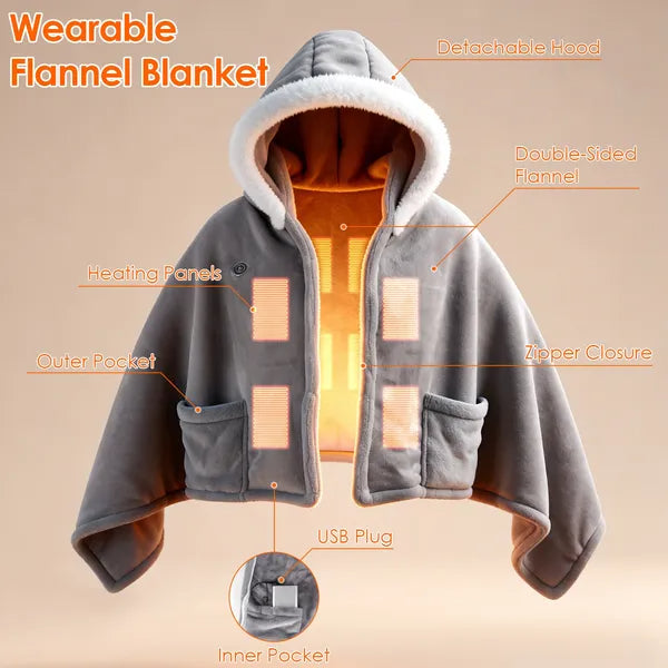 Wearable Heated Throw Blanket Hoodie | Multi-Zone Warmth for Cozy, On-the-Go Comfort
