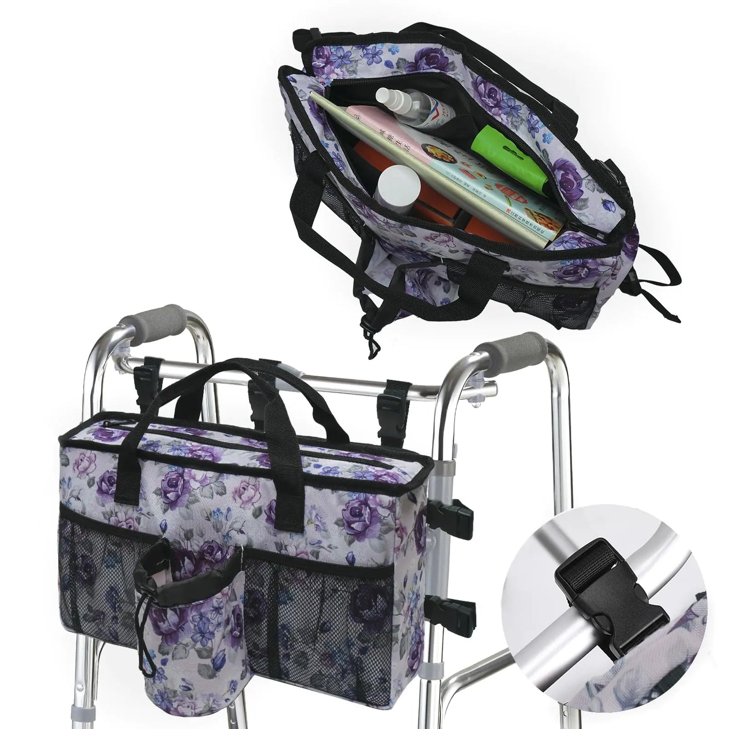 Compact Walker Organizer Pouch | Easy-Access Storage (Purple Floral)