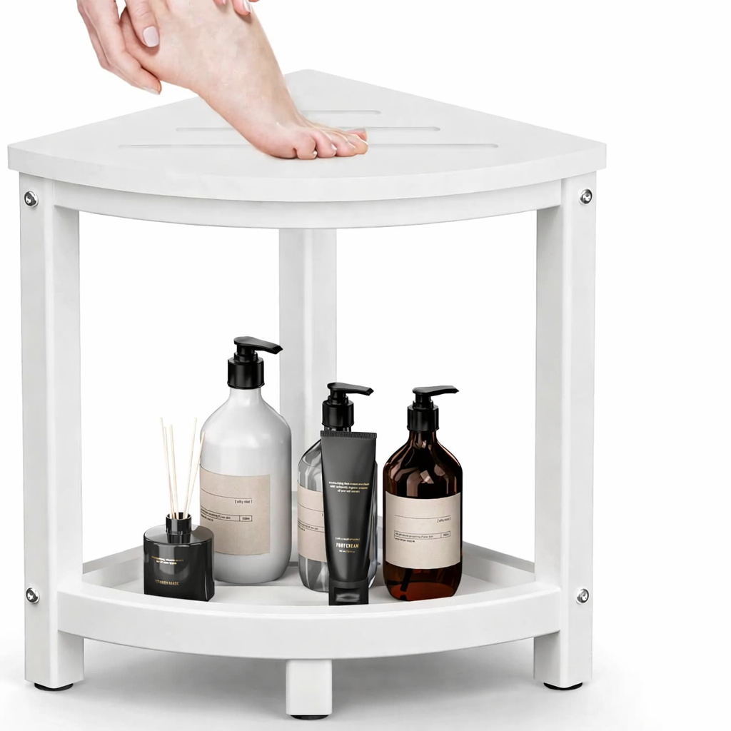 Corner Shower Stool with Storage Shelf | Waterproof HDPE Shower Bench