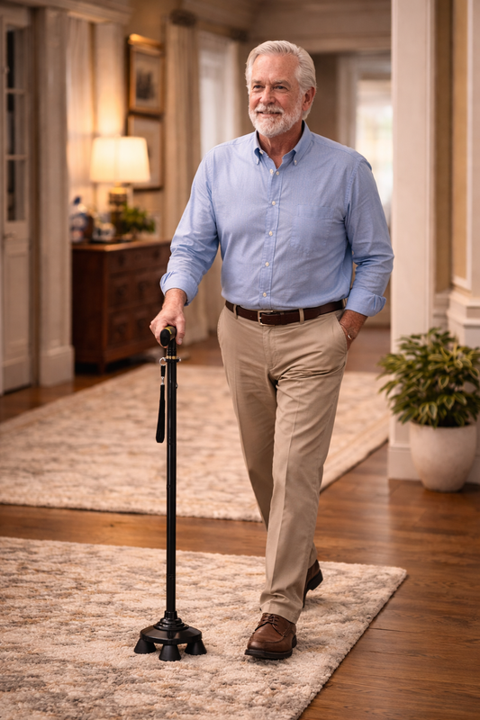 BeneCane Quad Cane | Freestanding Quad-Base Walking Cane with Dual LED Lights (Black)