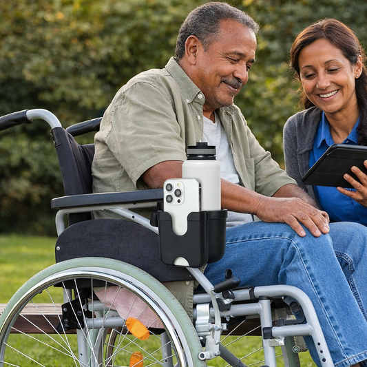 2-in-1 Universal Cup Holder with Phone Slot | 360° Rotating Accessory for Mobility Devices