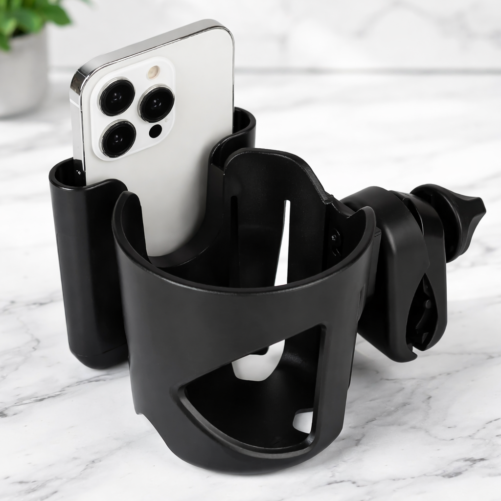 2-in-1 Universal Cup Holder with Phone Slot | 360° Rotating Accessory for Mobility Devices