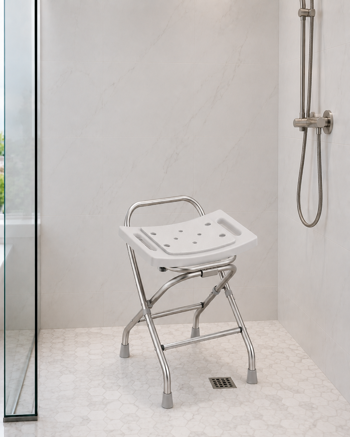 Height-Adjustable Folding Shower Chair with Padded Seat and Reinforced Crossbar – 400 lb Capacity, Gray