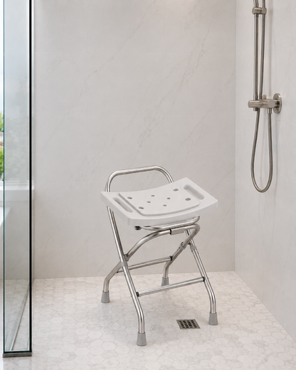 Height-Adjustable Folding Shower Chair with Padded Seat and Reinforced Crossbar – 400 lb Capacity, Gray