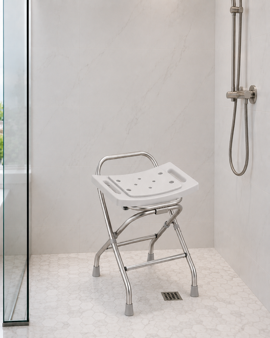 Height-Adjustable Folding Shower Chair with Padded Seat and Reinforced Crossbar – 400 lb Capacity, Gray