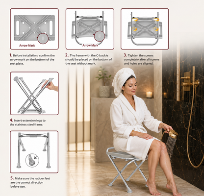Height-Adjustable Folding Shower Chair with Padded Seat and Reinforced Crossbar – 400 lb Capacity, Gray