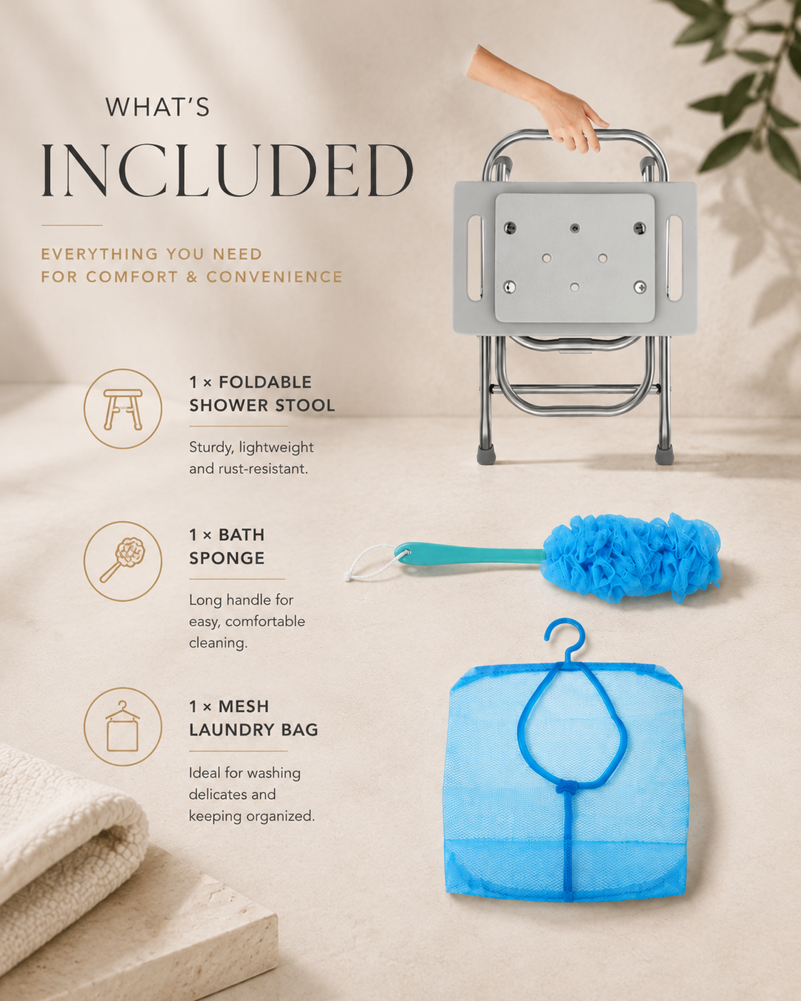 Height-Adjustable Folding Shower Chair with Padded Seat and Reinforced Crossbar – 400 lb Capacity, Gray