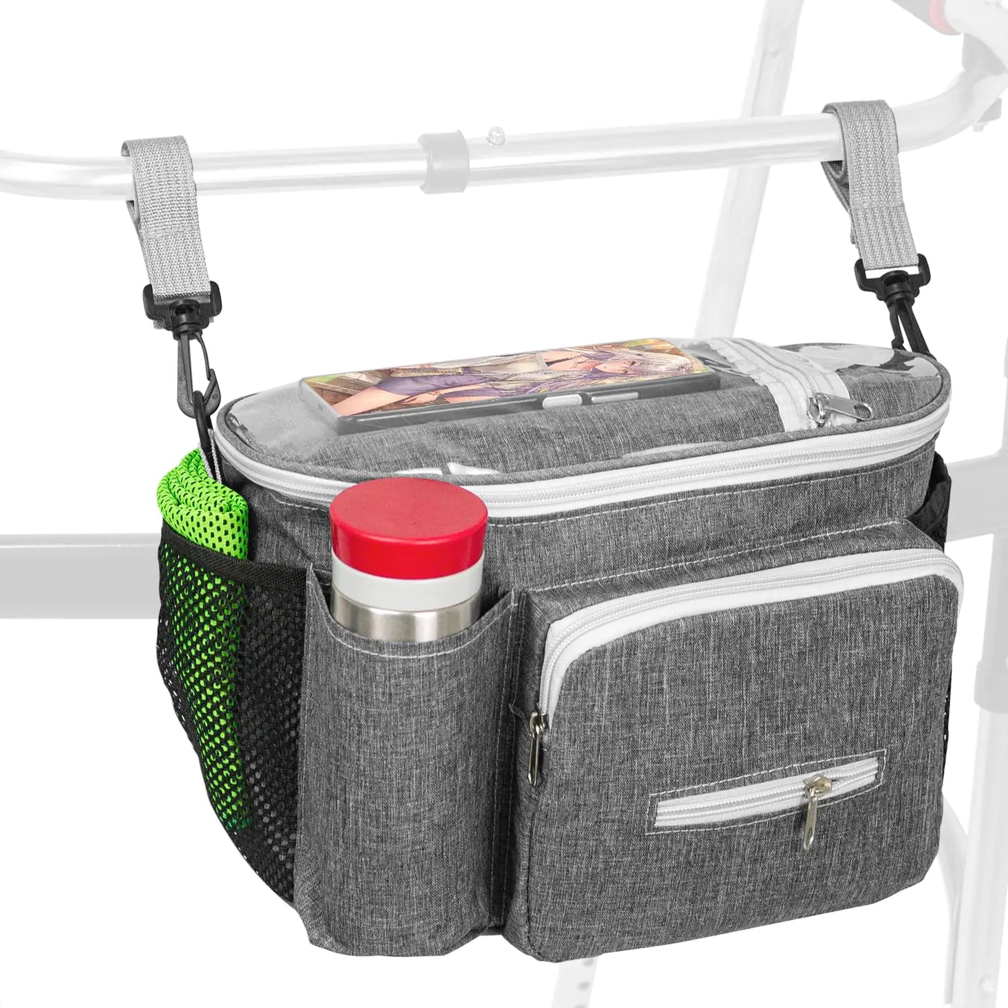 Large Walker Side Storage Bag | Organized Carry with Cup Holder (Grey)
