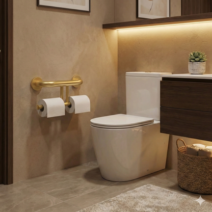 Brushed Gold Grab Bar with Double Toilet Paper Holder (17”) | Dual-Function Safety Rail