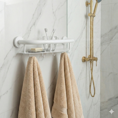 Wall-Mounted Grab Bar with Storage Shelf | Secure Support & Shower Organization