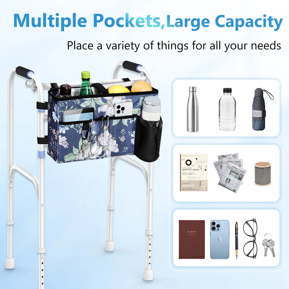 Multi-Pocket Walker Bag | Secure Buckle Straps & Cup Holder