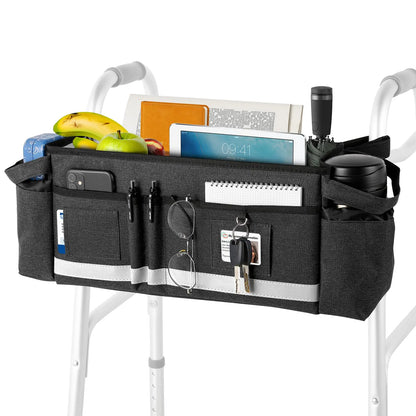 Structured Walker Basket | Foldable Storage with Reflective Safety Strip (Black)