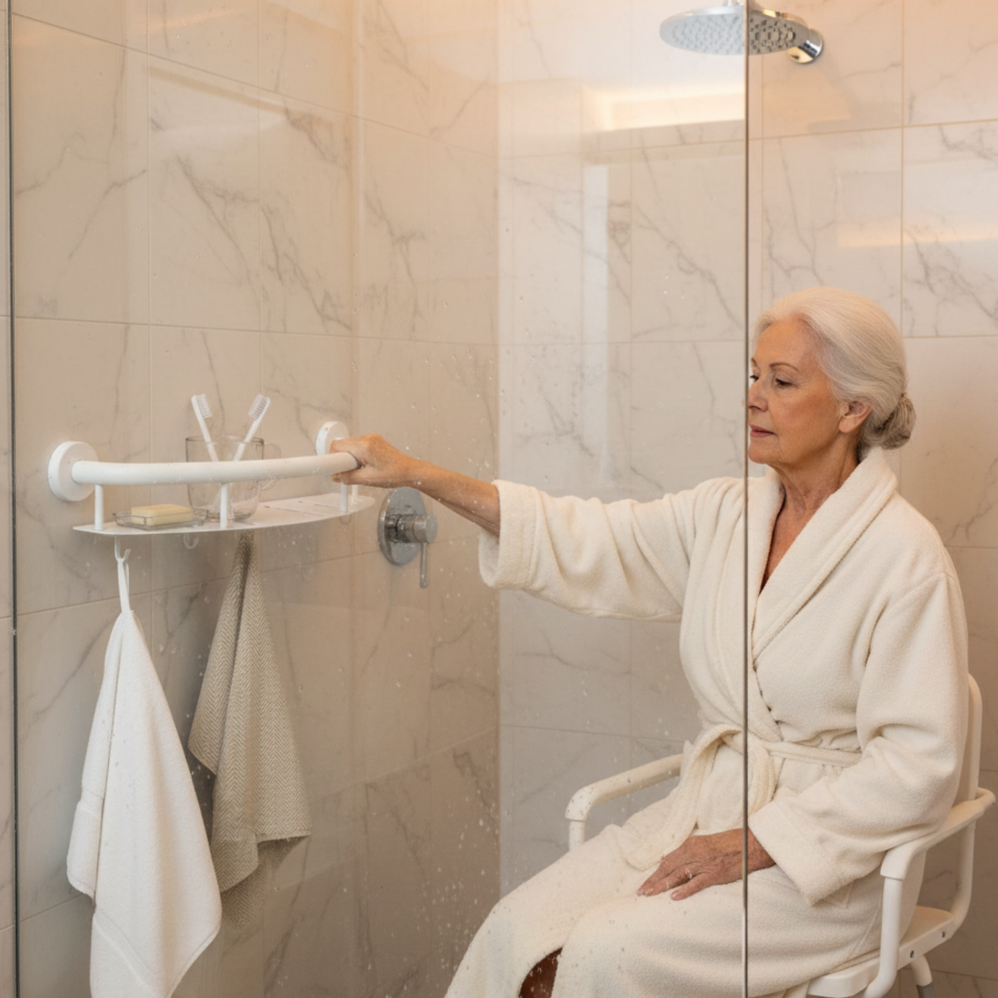 Wall-Mounted Grab Bar with Storage Shelf | Secure Support & Shower Organization