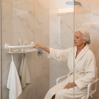 Wall-Mounted Grab Bar with Storage Shelf | Secure Support & Shower Organization