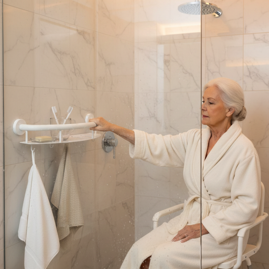 Wall-Mounted Grab Bar with Storage Shelf | Secure Support & Shower Organization