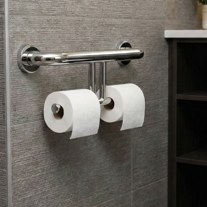 Polished Chrome Grab Bar with Double Toilet Paper Holder (17”) | Dual-Function Safety Rail