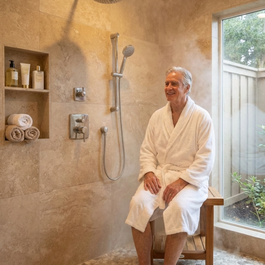 AquaTeak The Original 18” Spa Teak Shower Bench with Shelf | Solid Teak Luxury Bath Seating