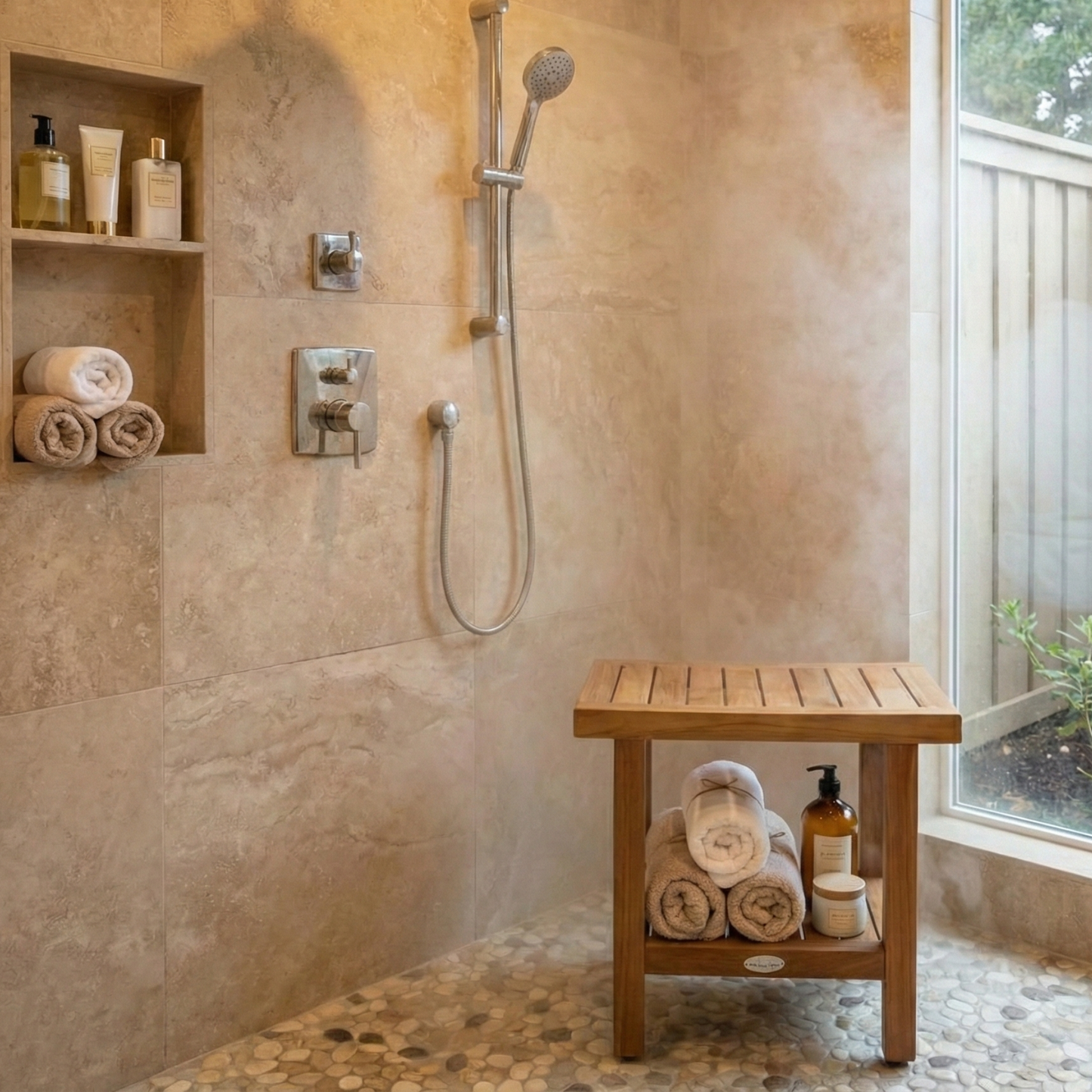 AquaTeak The Original 18” Spa Teak Shower Bench with Shelf | Solid Teak Luxury Bath Seating