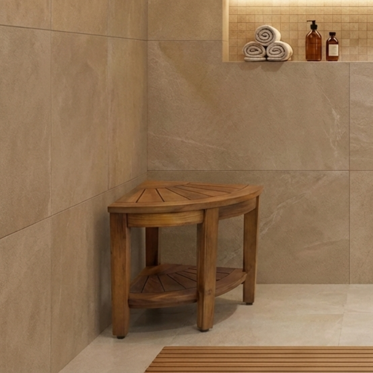 AquaTeak The Original 15.5” Kai Corner Teak Shower Bench with Shelf & Premium Teak Oil | Solid Teak Luxury Bath Seating