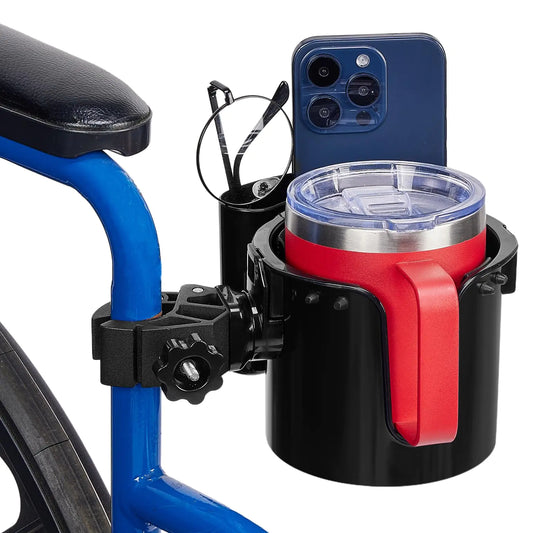 JOYTUTUS Wheelchair Cup Holder 2-in-1 Walker Cup Holder with 4.72 Small Storage Box Drink Holder for Bottle with Handle Fit for Wheelchair Walker Rollator Stroller Camper Golf cart (Small)