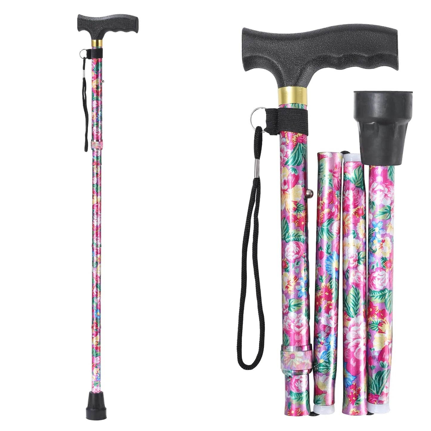 Folding Walking Cane | Adjustable Stability with Ergonomic Grip (Pink Flower)