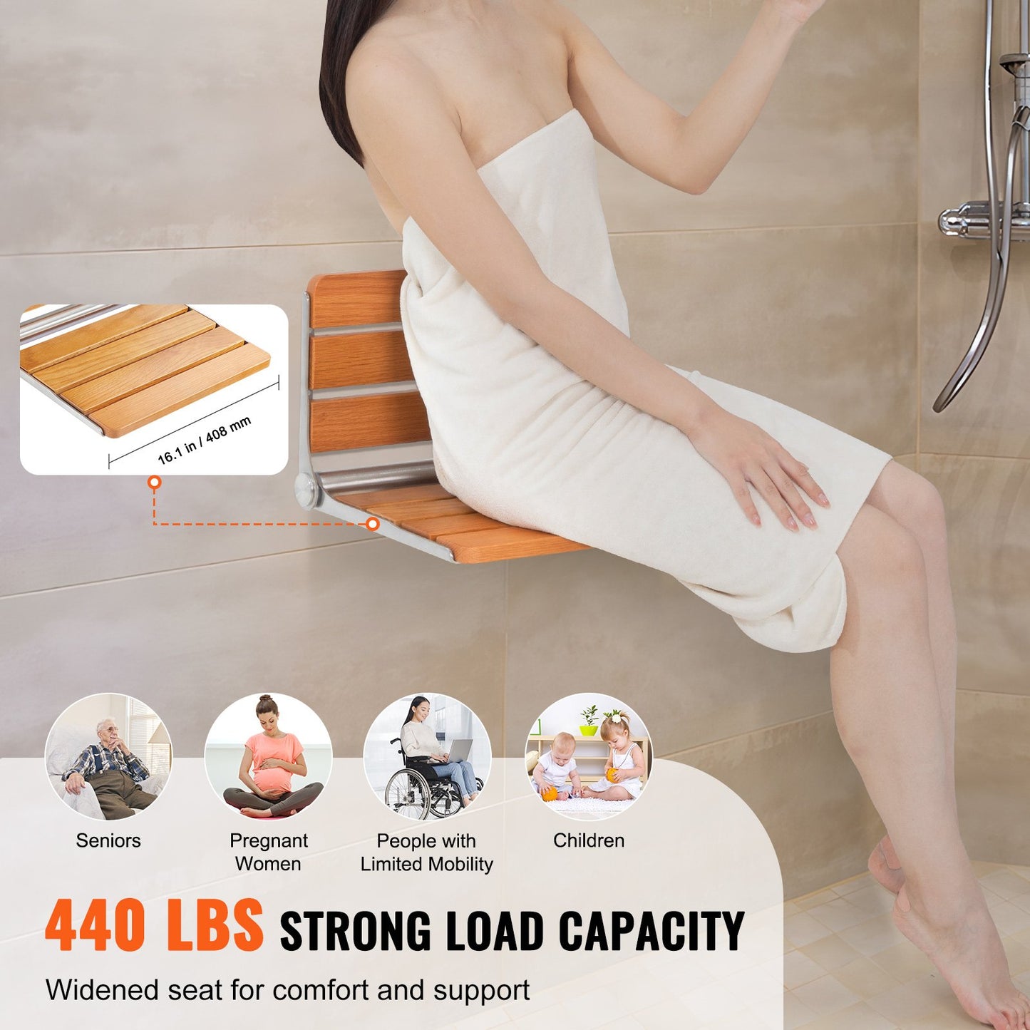 Fold-Down Oak Shower Seat | Wall-Mounted Shower Chair (440 lb Capacity)