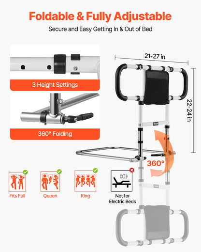 Adjustable Bedside Support Rail | Foldable Bed Assist Bar with Padded Handle | Fits King, Queen, Full, Twin