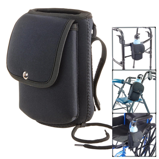 Neoprene Bottle Holder with Phone Pouch | Attachable Cup Holder for Mobility Devices