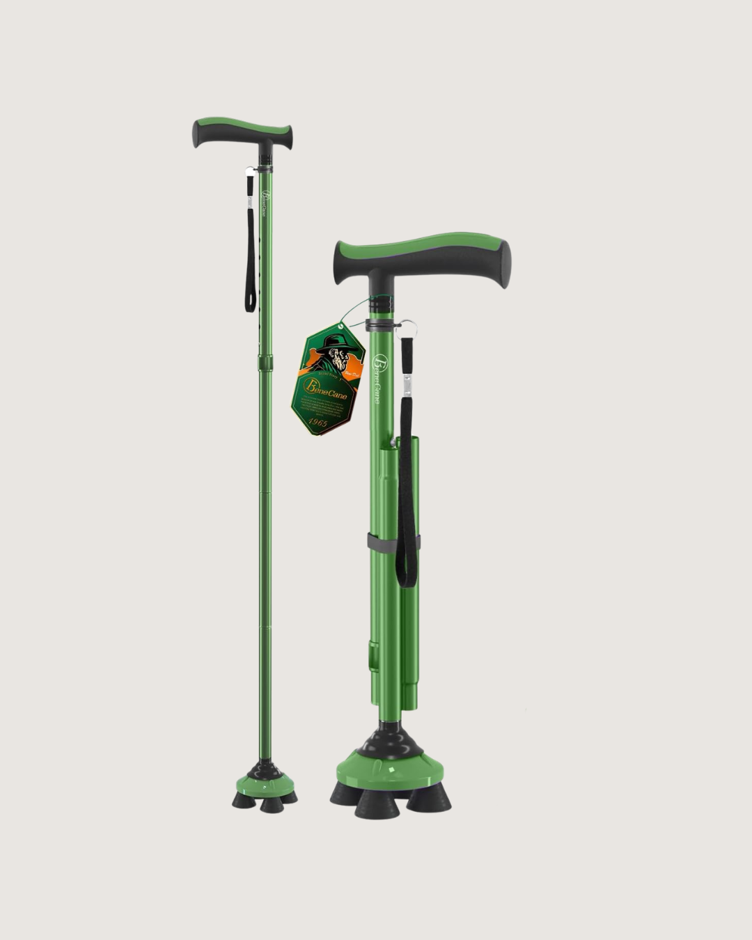 BeneCane Folding Quad Cane | Freestanding Adjustable Walking Cane (Green)