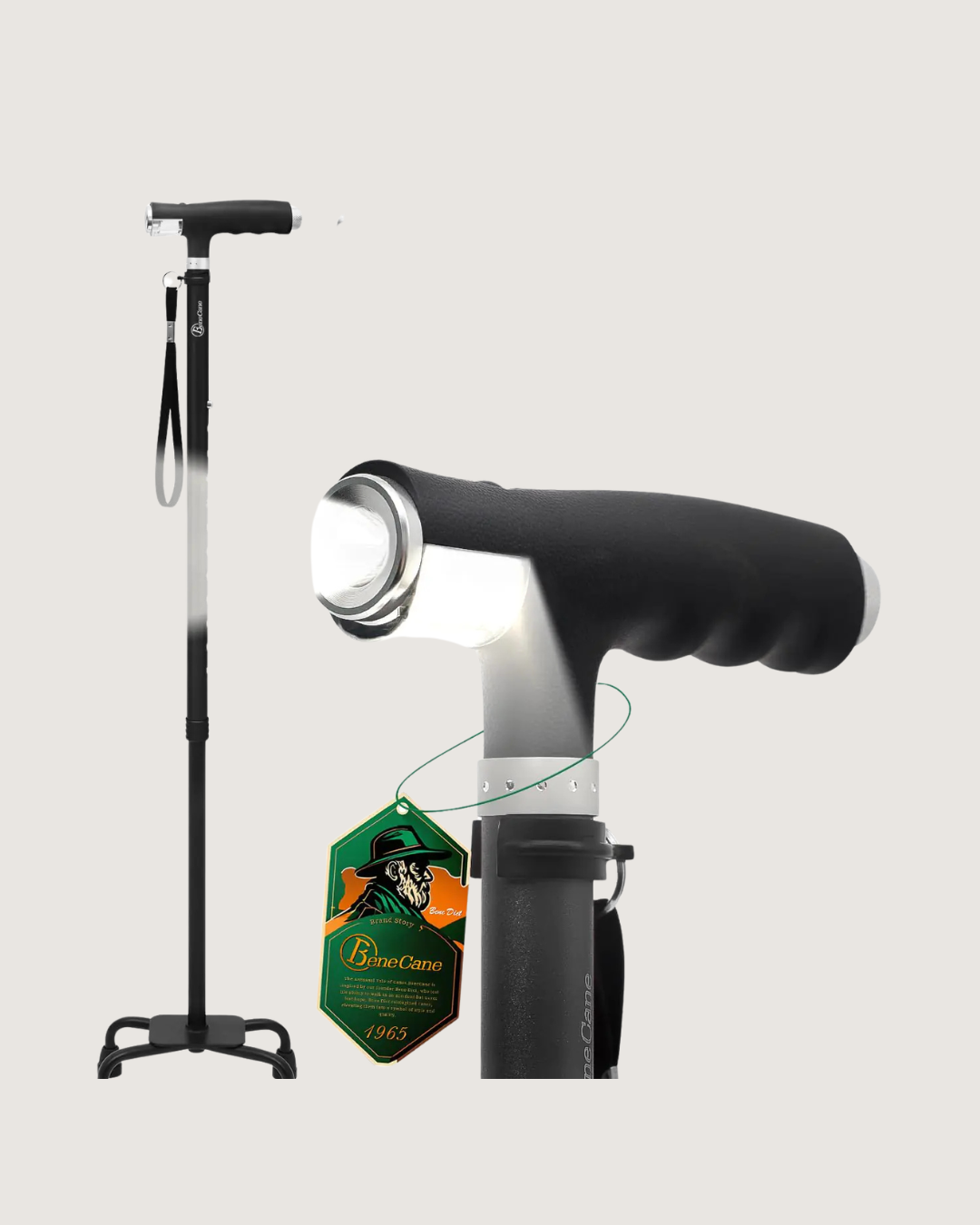 BeneCane Quad Cane | Freestanding Quad-Base Walking Cane with Dual LED Lights (Black)